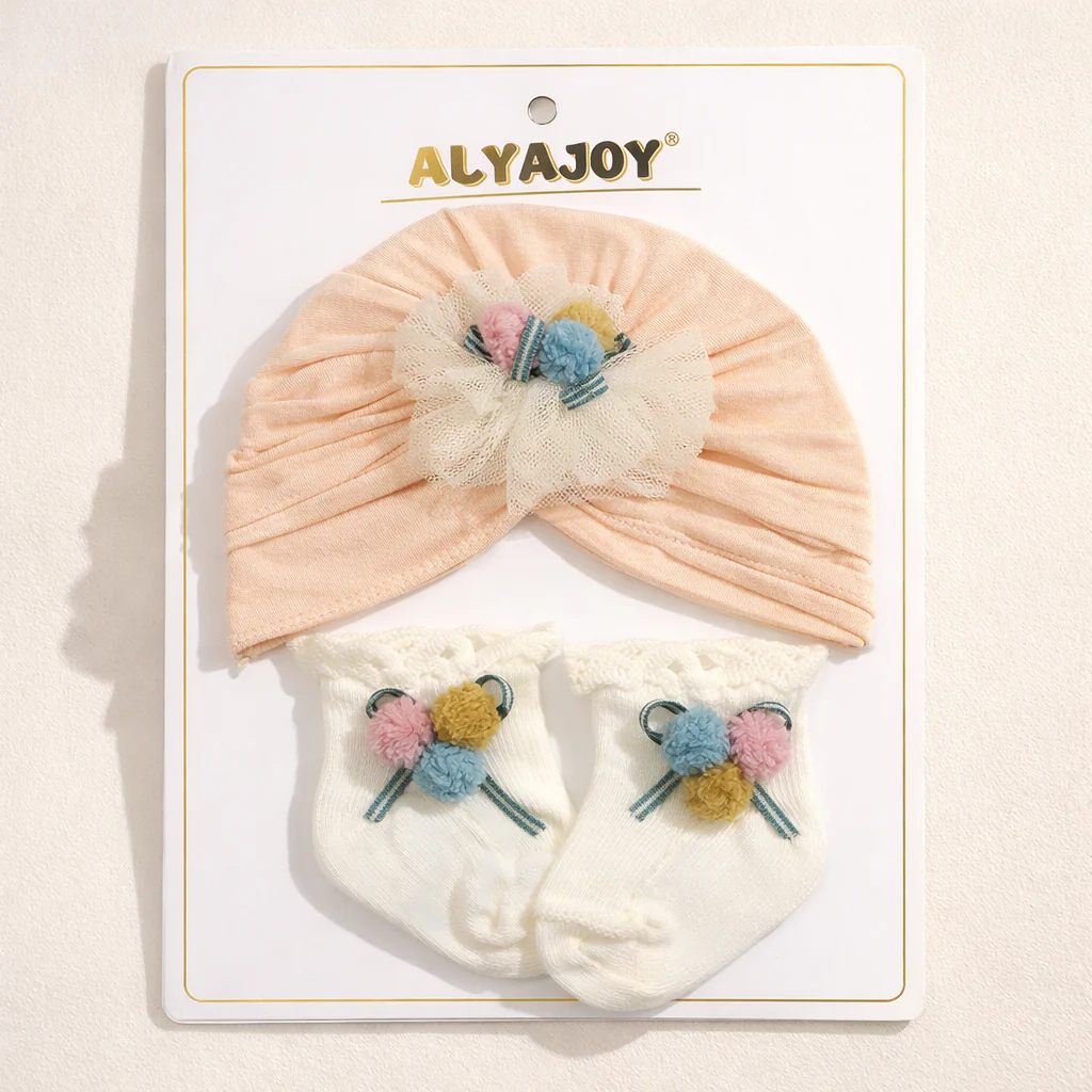 Baby Pack Of 2 Turban Cap & Socks Set Beige & White - Sunshine
