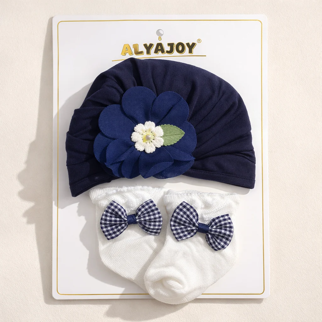 Baby Pack Of 2 Turban Cap & Socks Set Navy Blue - Sunshine