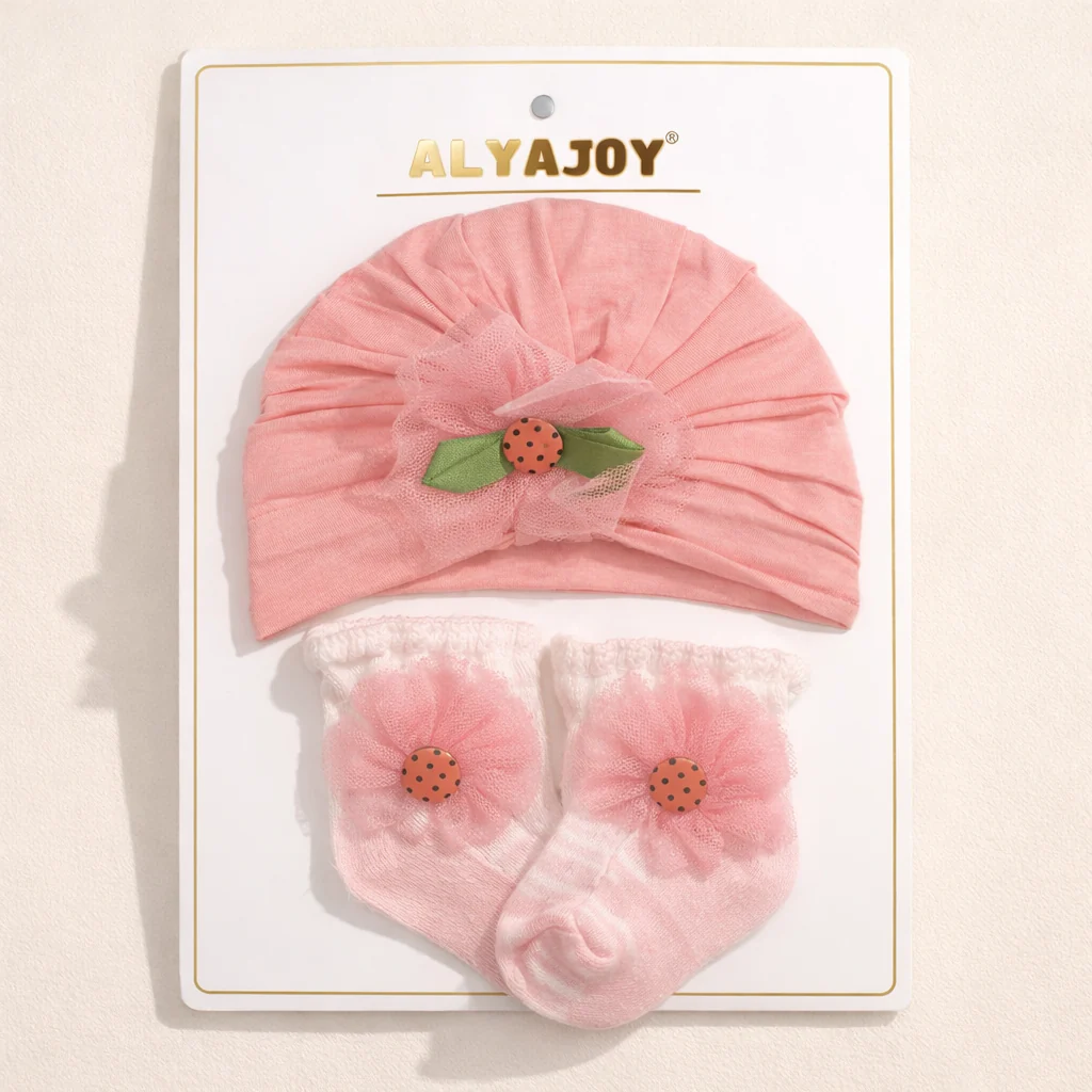 Baby Pack Of 2 Turban Cap & Socks Set Peach - Sunshine