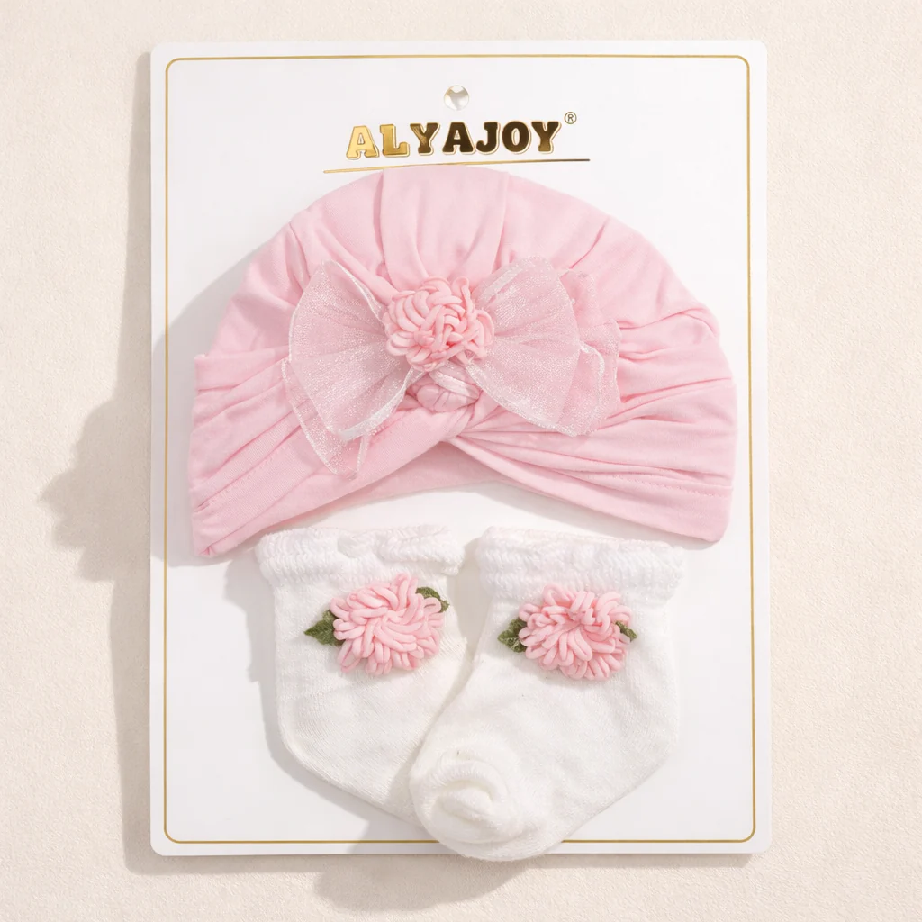 Baby Pack Of 2 Turban Cap & Socks Set Pink - Sunshine