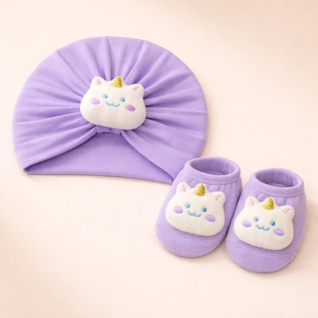 Baby Pack Of 2 Turban Cap & Socks Set Purple - Sunshine