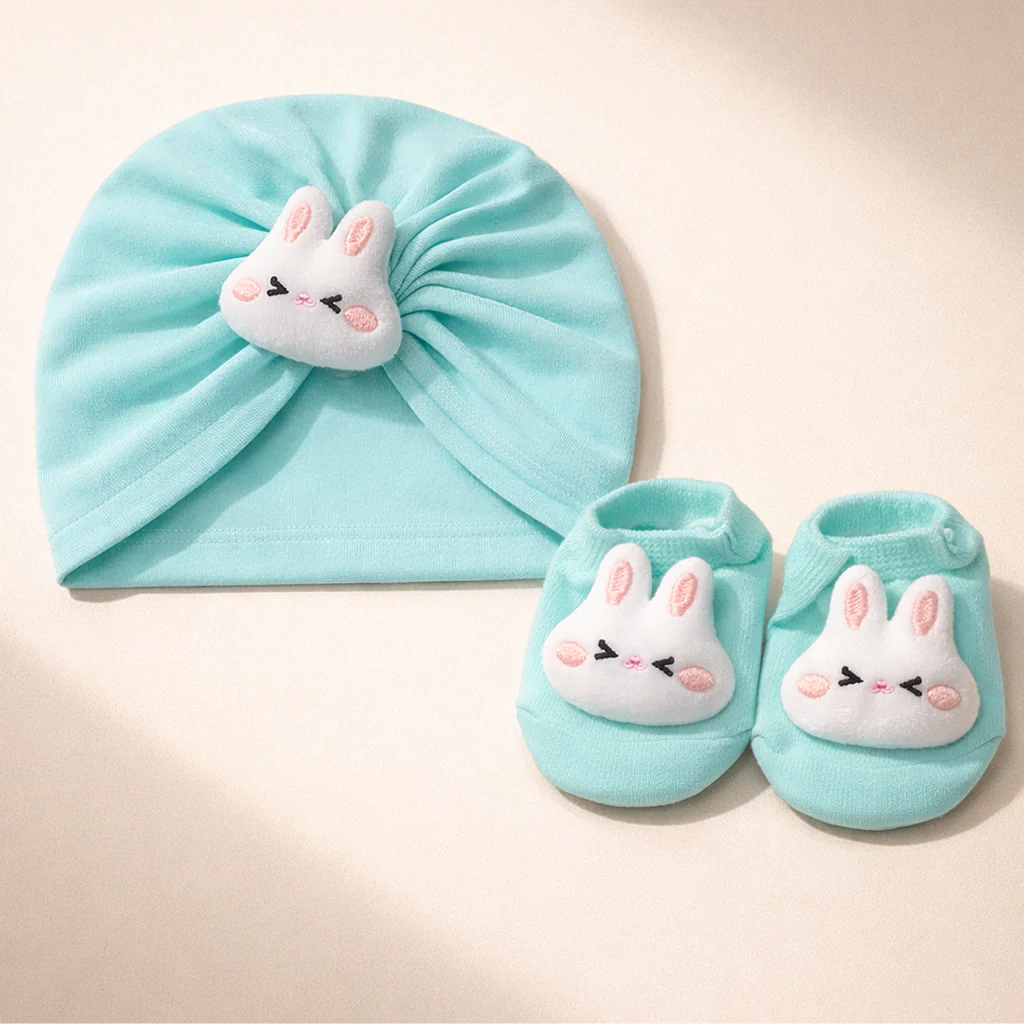 Baby Pack Of 2 Turban Cap & Socks Set Sea Green - Sunshine