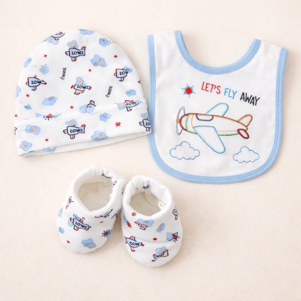 Baby Pack Of 3 Bib, Cap & Booties Set Plane Blue - Sunshine