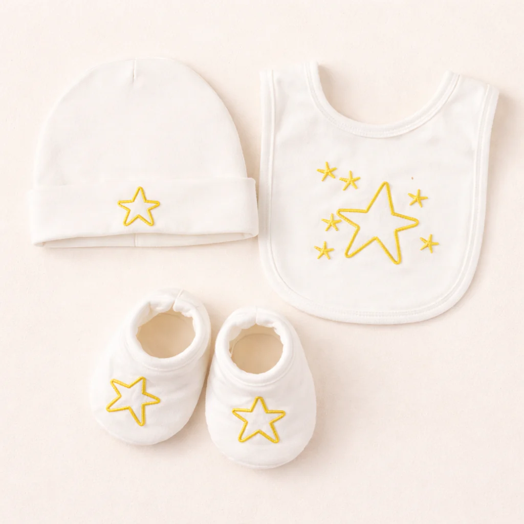 Baby Pack Of 3 Bib, Cap & Booties Set Star White - Topse