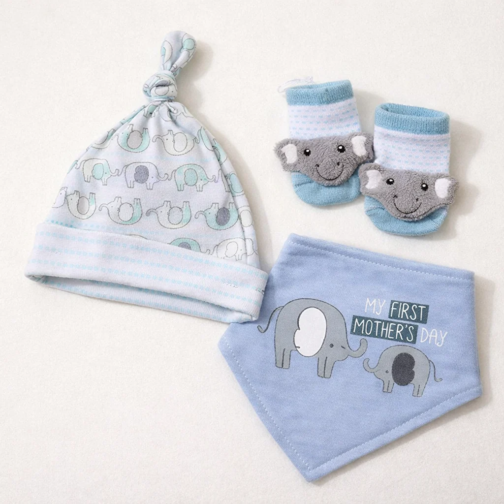 Baby Pack Of 3 Bib, Cap & Socks Set Elephant Blue - Sunshine