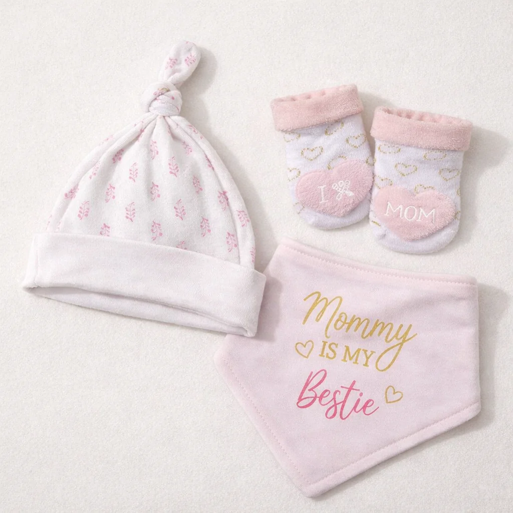 Baby Pack Of 3 Bib, Cap & Socks Set Mommy Is My Bestie Pink - Sunshine