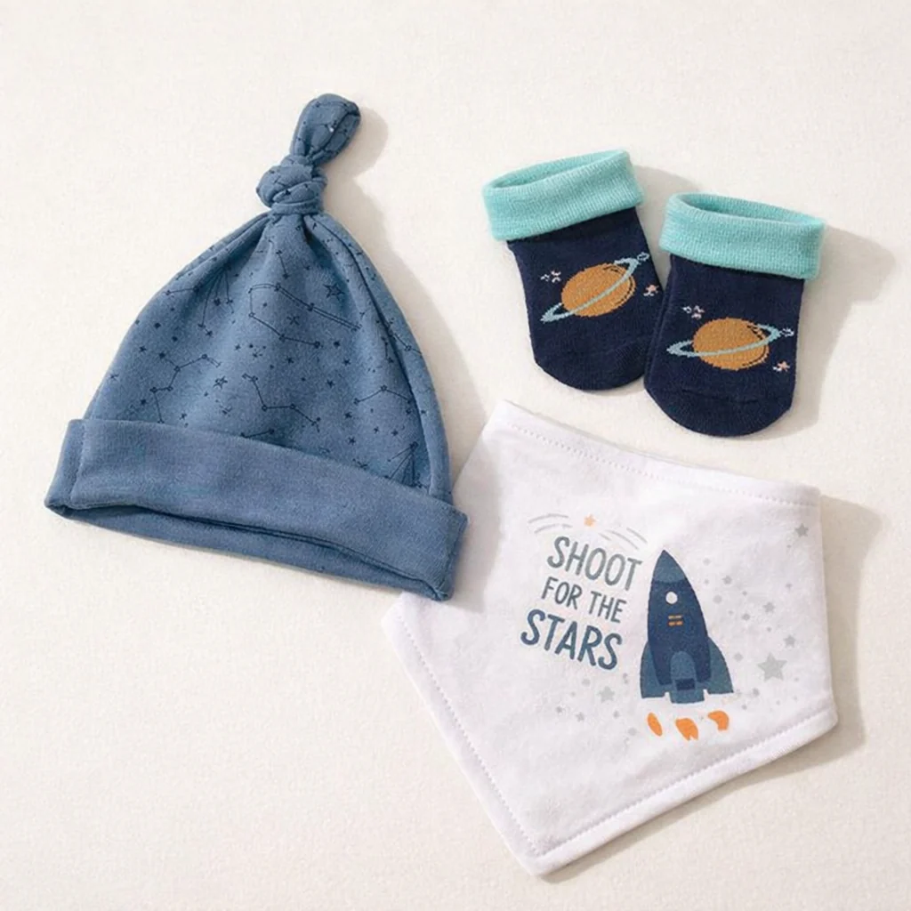 Baby Pack Of 3 Bib, Cap & Socks Set Stars Dark Blue - Sunshine