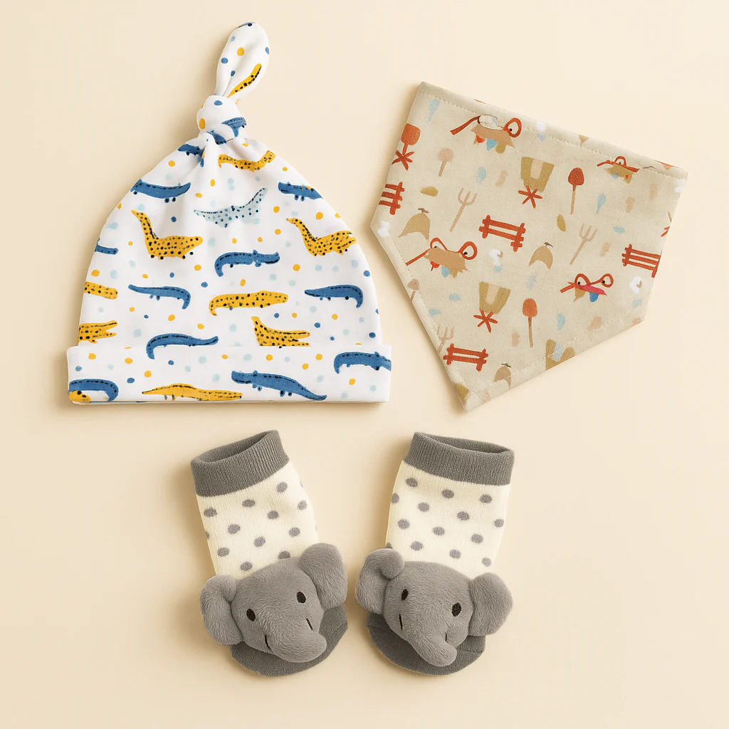 Baby Pack Of 3 Cap, Bandana & Socks Crocodile Beige - Sunshine