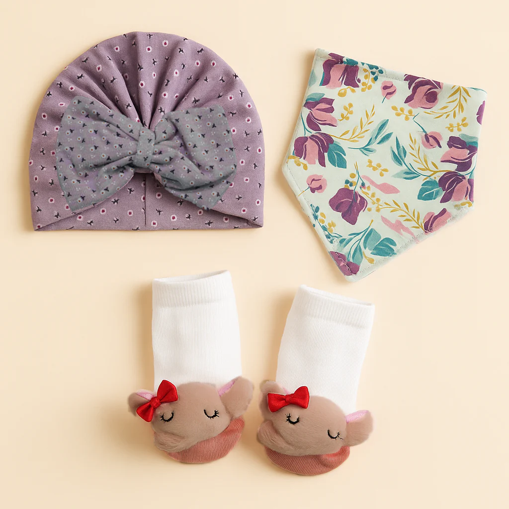 Baby Pack Of 3 Cap, Bandana & Socks Elephant Purple - Sunshine