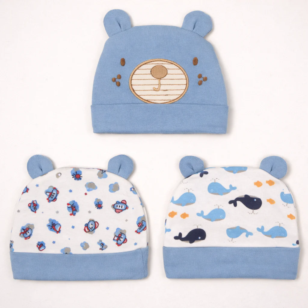 Baby Pack Of 3 Cap Set Bear Blue - Topse