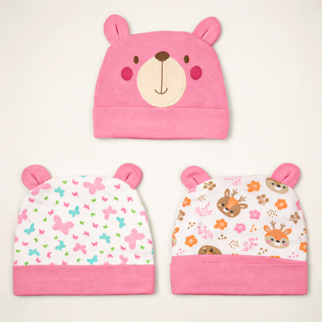 Baby Pack Of 3 Cap Set Bear Pink - Topse