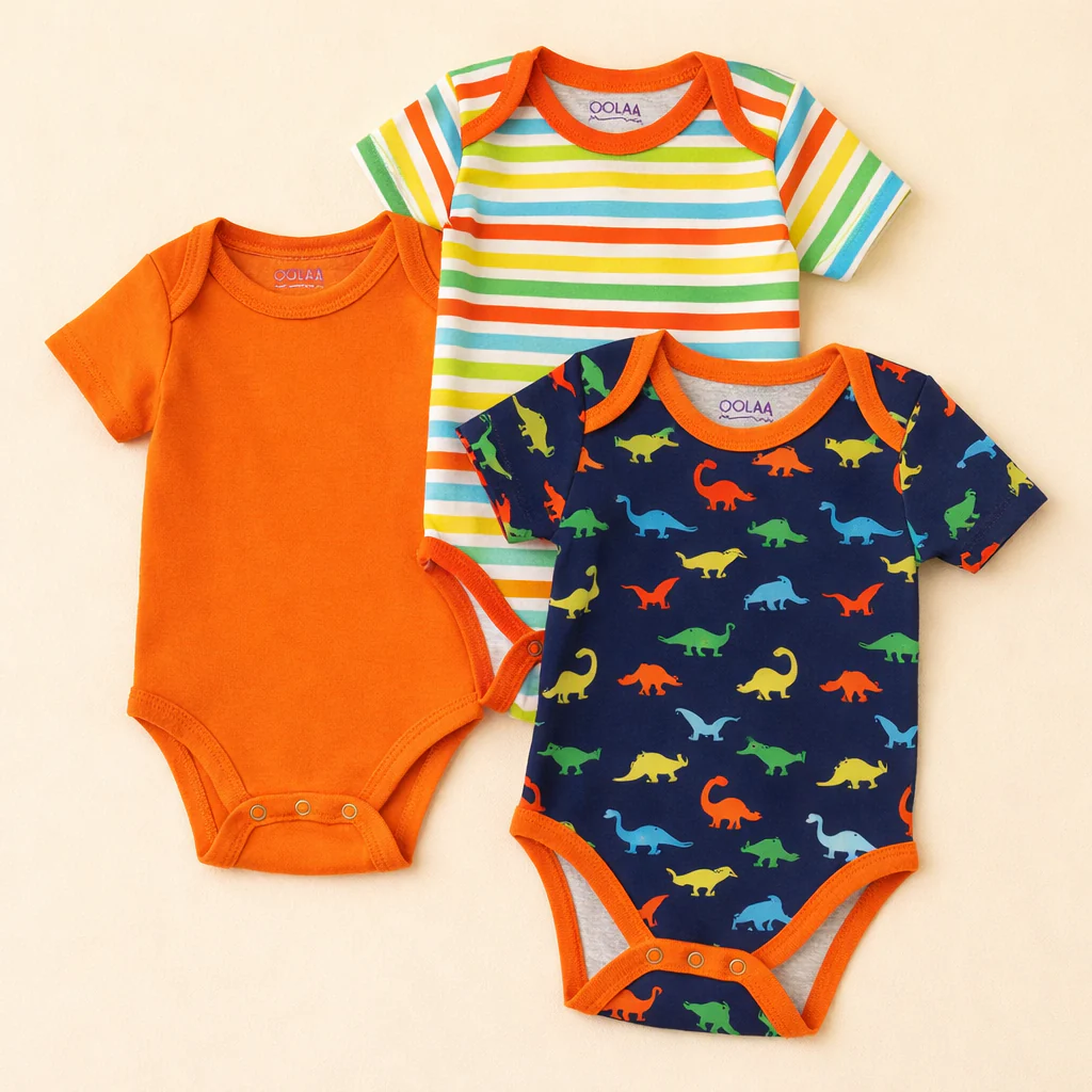 Baby Pack Of 3 Cotton Bodysuit Set Dino Orange - Oolaa