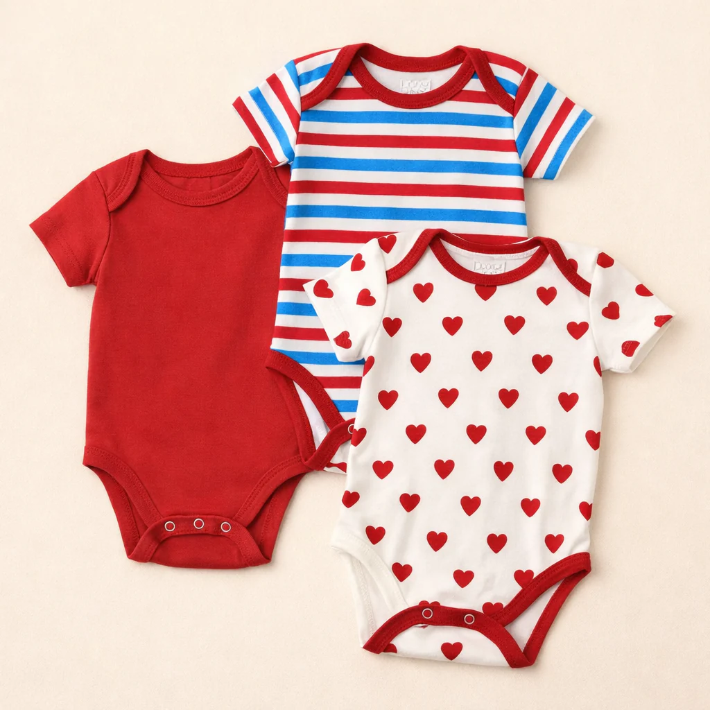 Baby Pack Of 3 Cotton Bodysuit Set Hearts Red - Oolaa