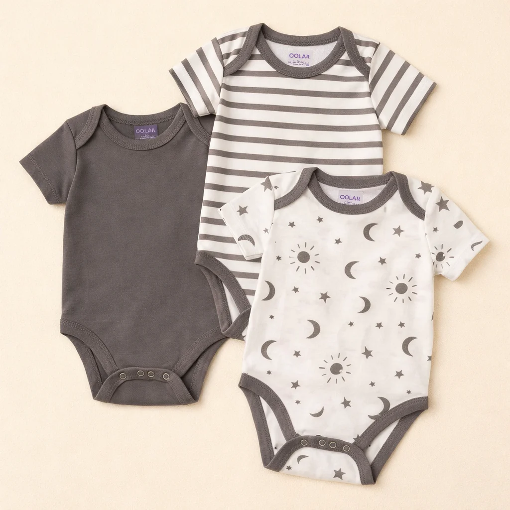 Baby Pack Of 3 Cotton Bodysuit Set Stars Grey - Oolaa