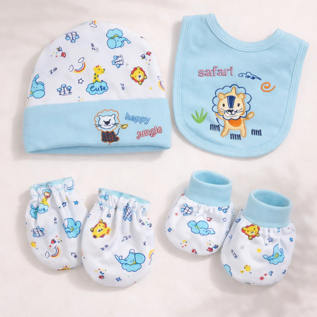 Baby Pack Of 4 Cap, Bib & Mittens Gift Set Jungle Blue - Topse