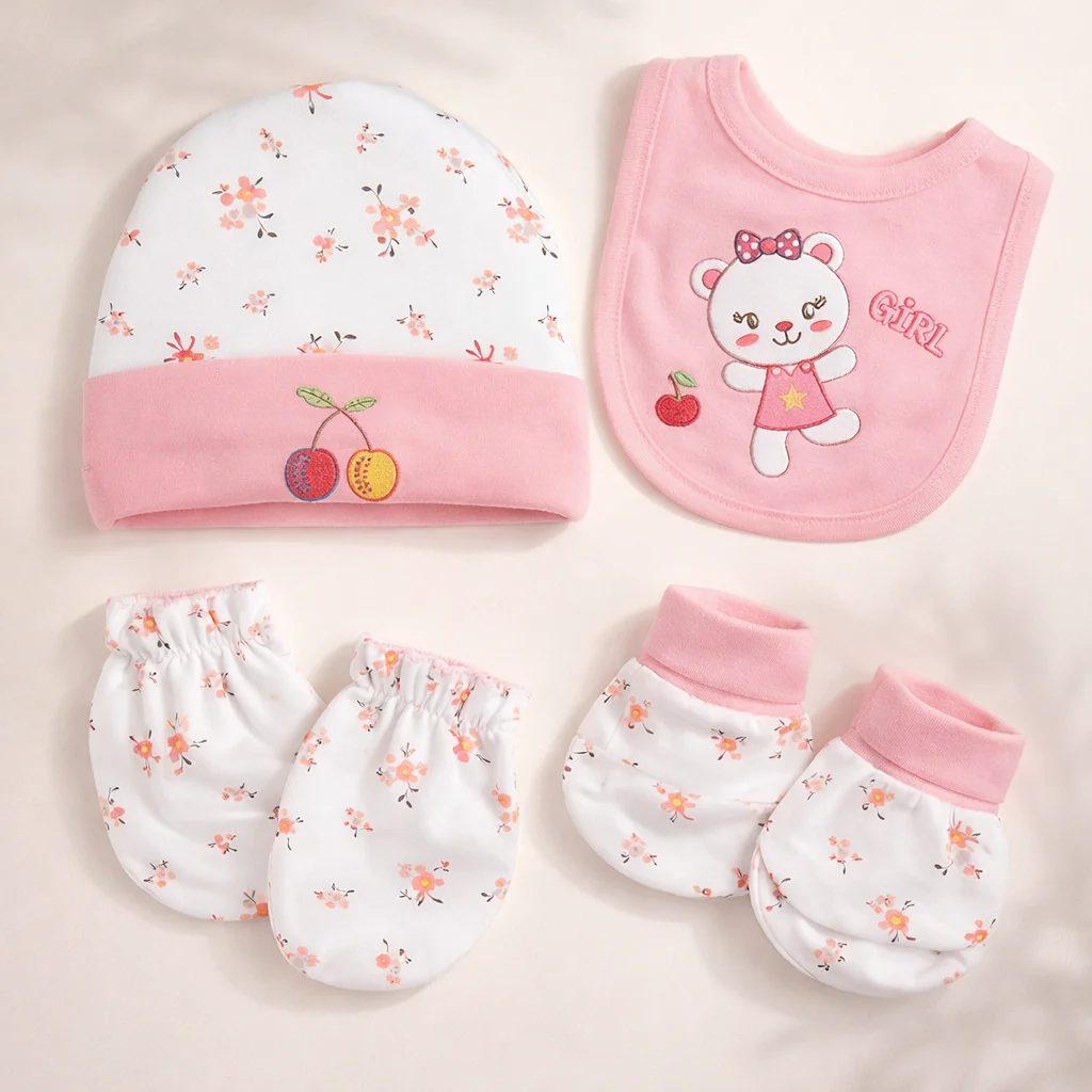 Baby Pack Of 4 Cap, Bib & Mittens Gift Set Kitty Pink - Topse