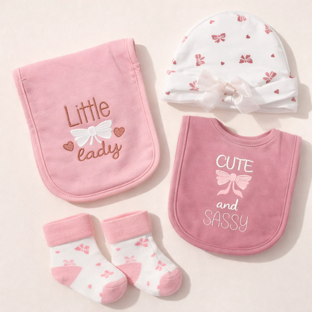 Baby Pack Of 4 Cap, Bib & Socks Gift Set Cute Bow Purple - Topse