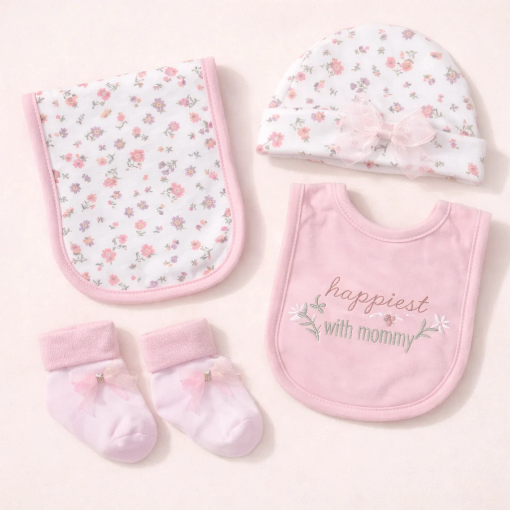 Baby Pack Of 4 Cap, Bib & Socks Gift Set Happiness Pink - Topse