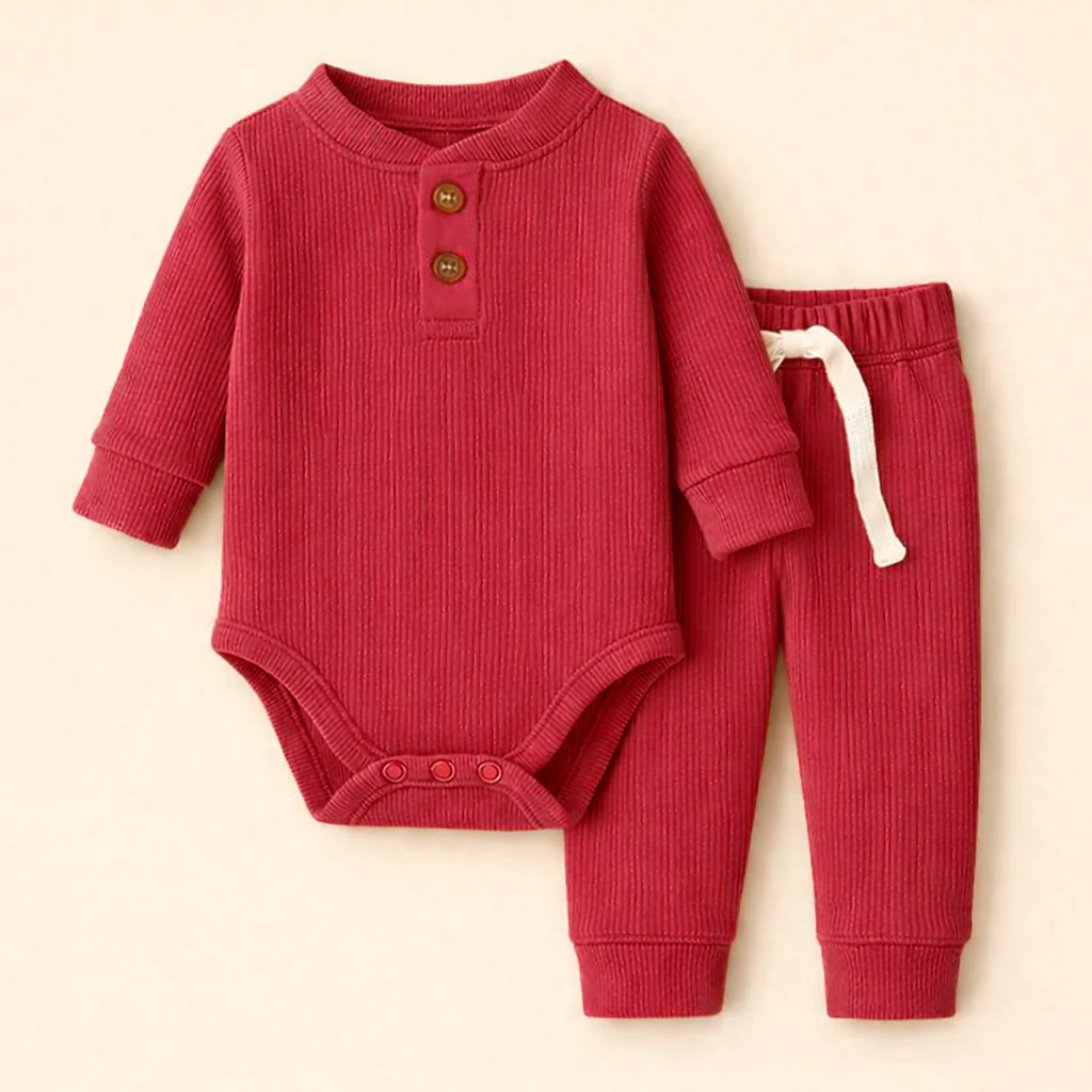 Baby Rib Bodysuit & Pajama Dark Pink - Oolaa