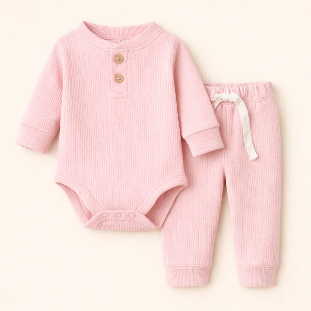 Baby Rib Bodysuit & Pajama Set Baby Pink - Oolaa