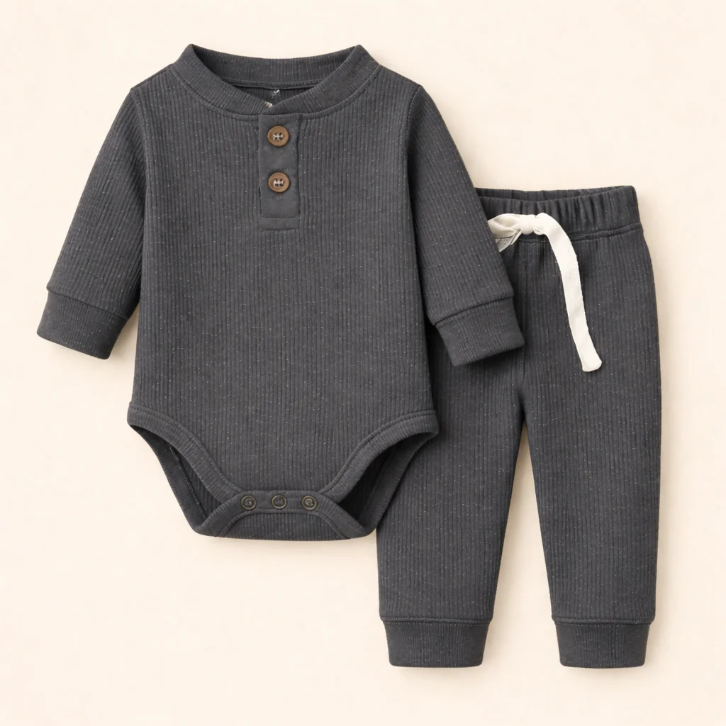 Baby Rib Bodysuit & Pajama Set Dark Grey - Oolaa