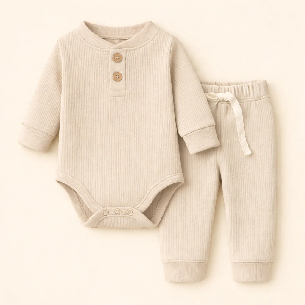 Baby Rib Bodysuit & Pajama Set Light Beige - Oolaa