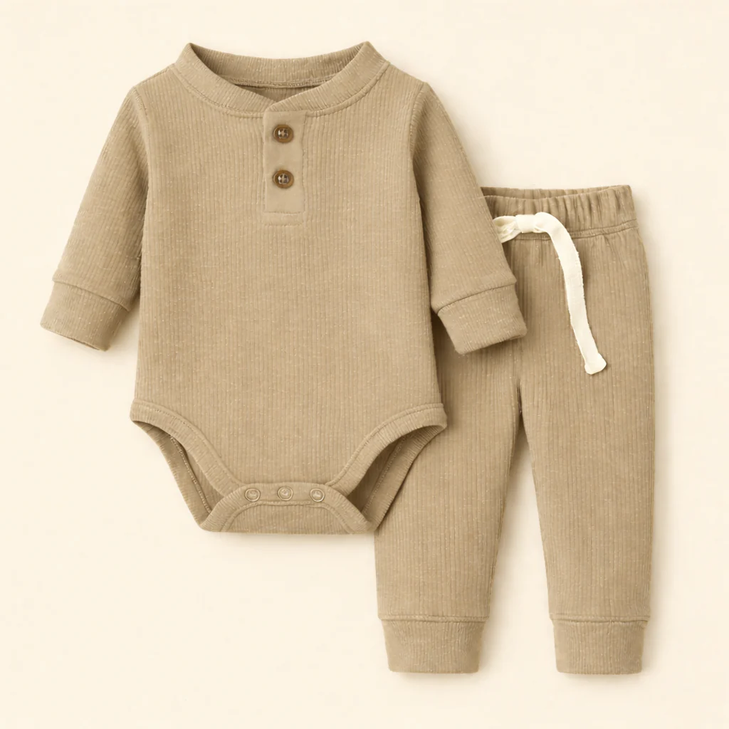 Baby Rib Bodysuit & Pajama Set Light Brown - Oolaa