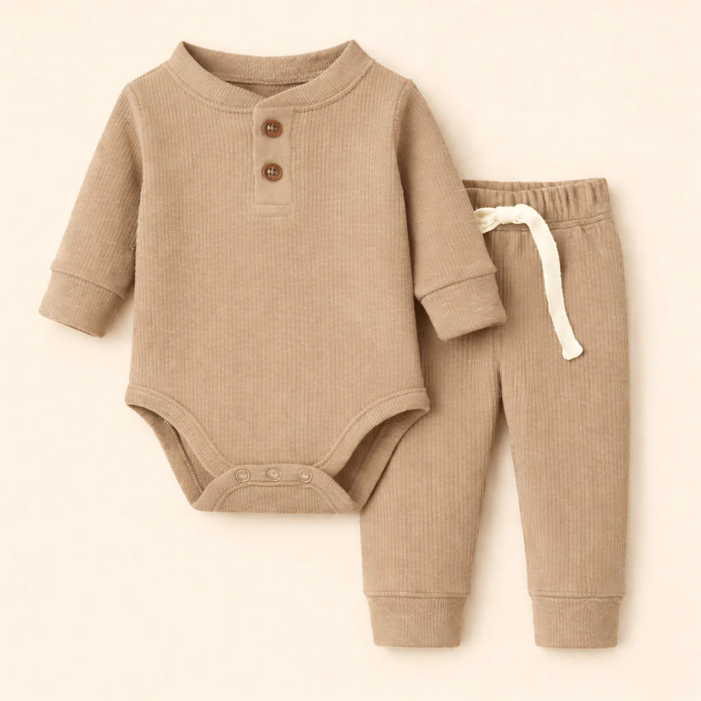 Baby Rib Bodysuit & Pajama Set Light Brown - Oolaa