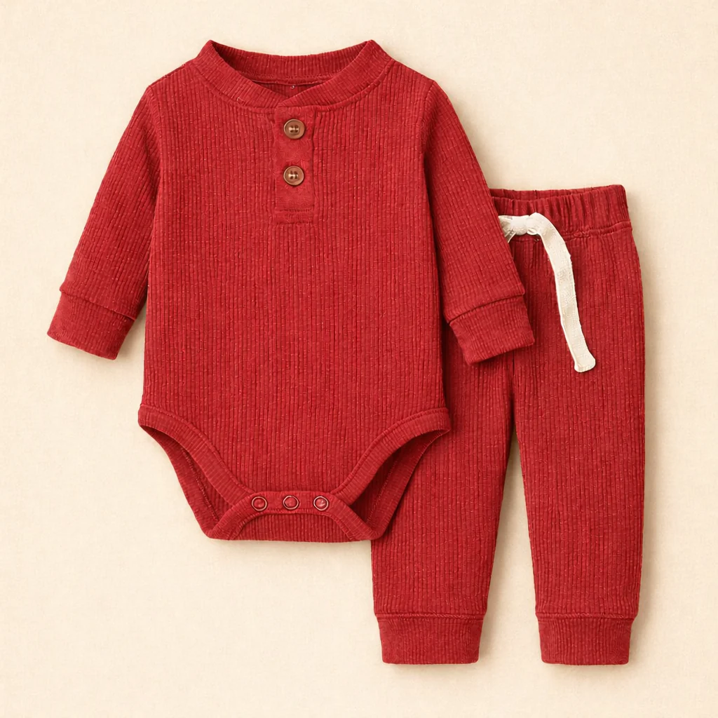 Baby Rib Bodysuit & Pajama Set Red - Oolaa