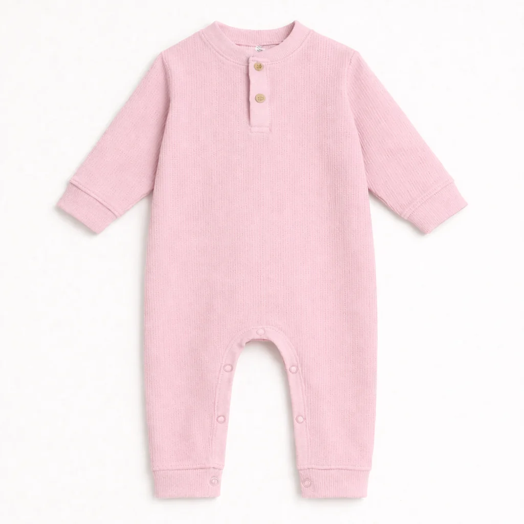 Baby Ribbed Long-Sleeve Button Up Jumpsuit Baby Pink - Oolaa