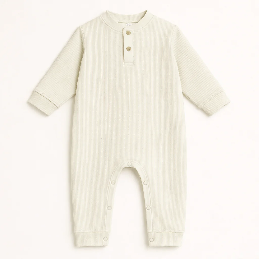 Baby Ribbed Long-Sleeve Button Up Jumpsuit Beige - Oolaa