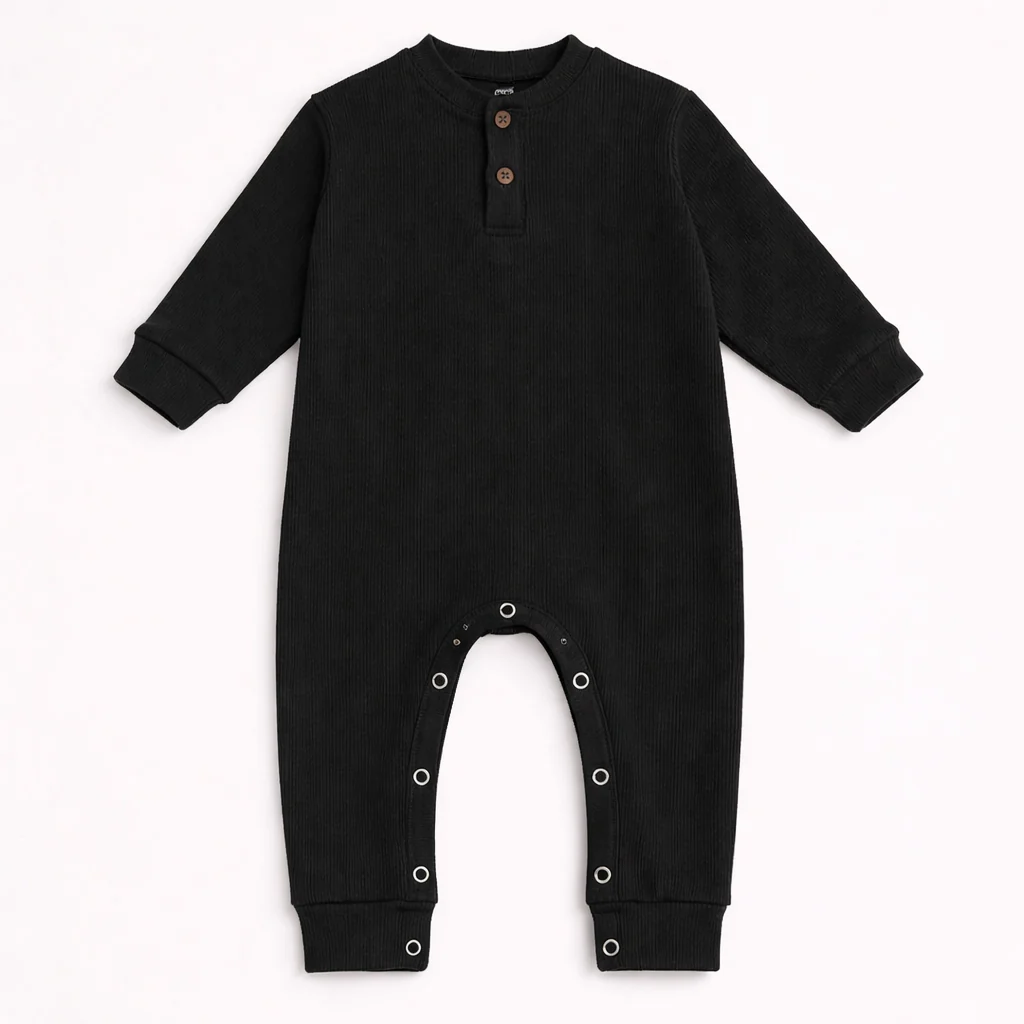 Baby Ribbed Long-Sleeve Button Up Jumpsuit Black - Oolaa
