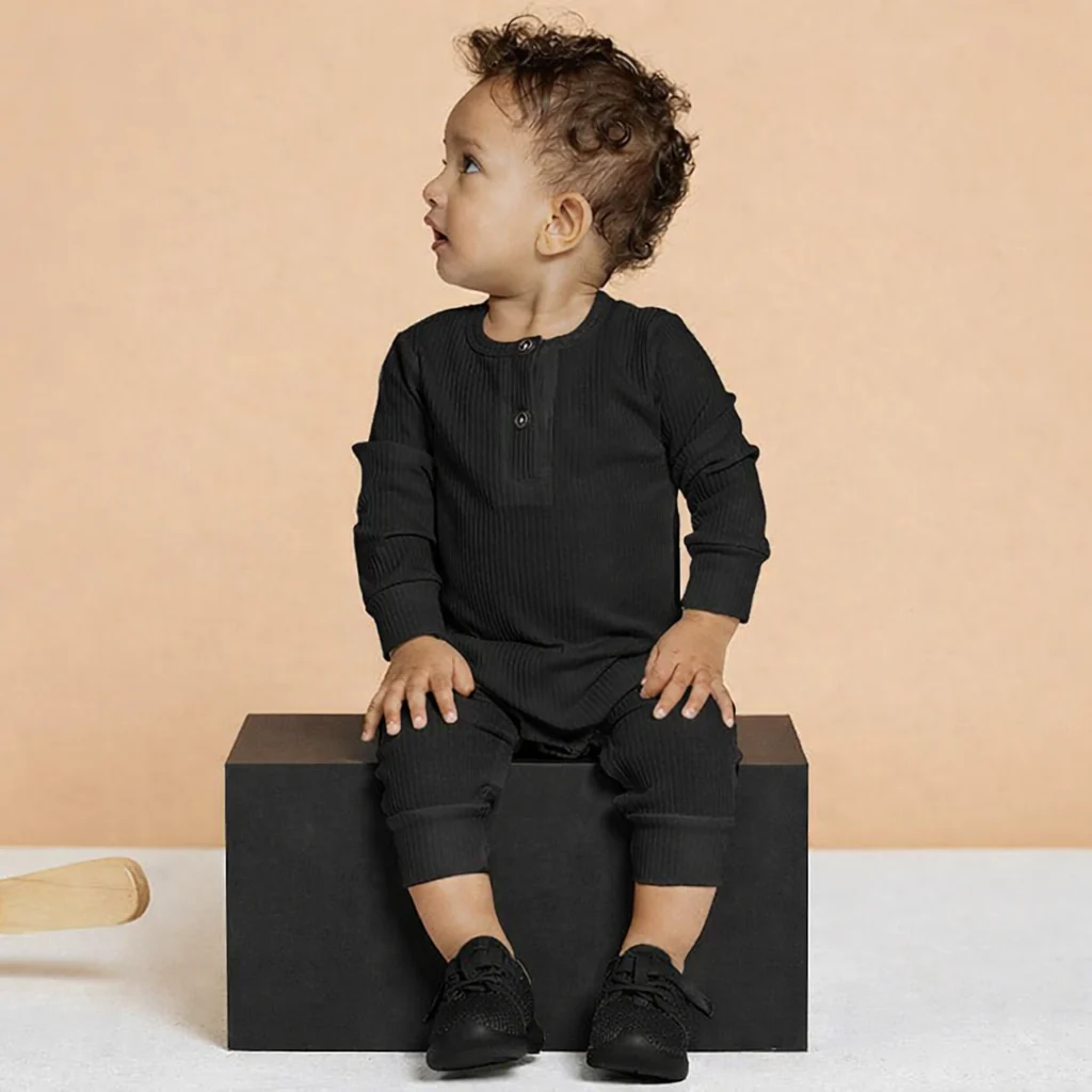 Baby Ribbed Long-Sleeve Button Up Jumpsuit Black - Oolaa - Image 2