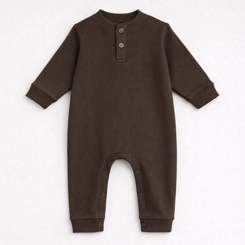 Baby Ribbed Long-Sleeve Button Up Jumpsuit Dark Brown - Oolaa