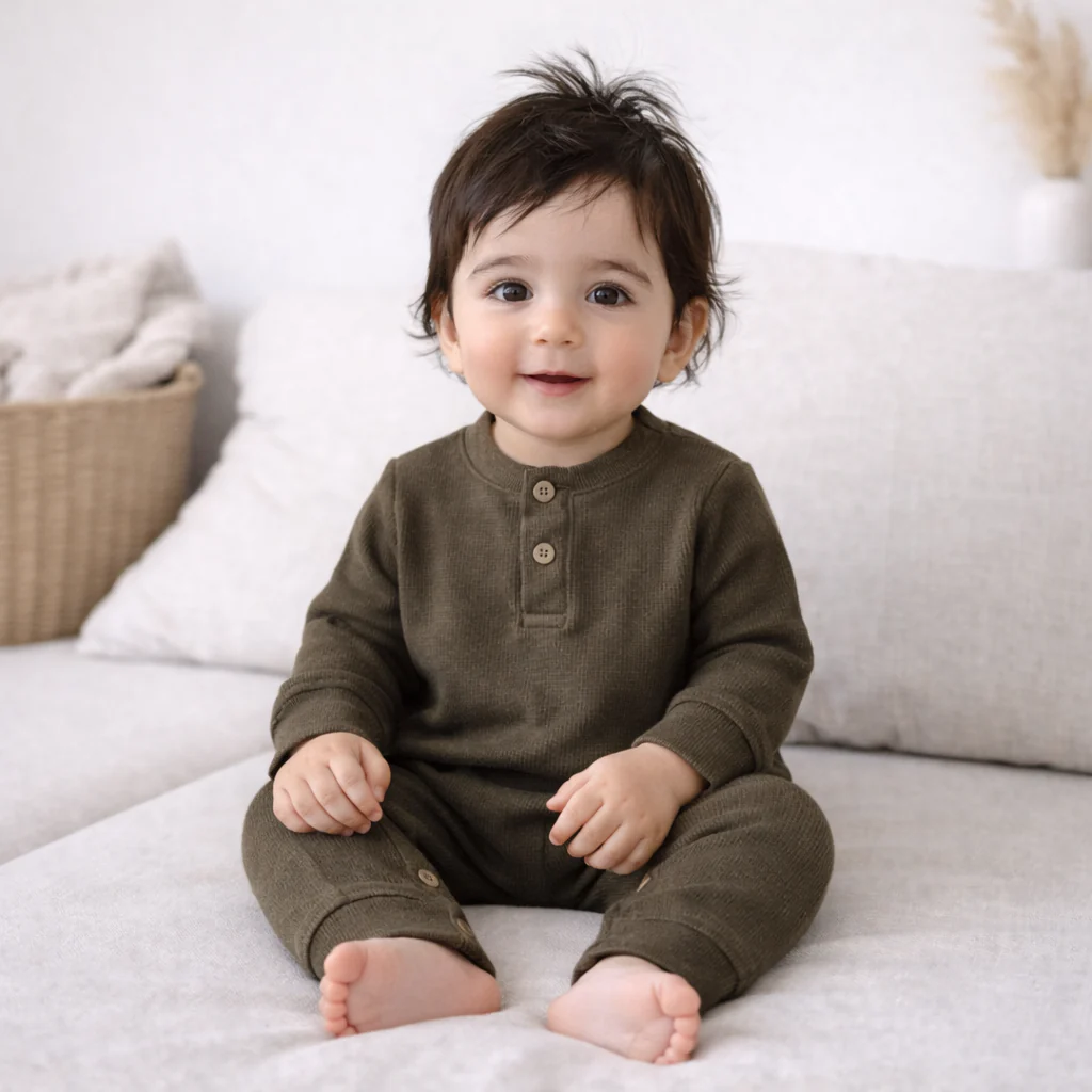 Baby Ribbed Long-Sleeve Button Up Jumpsuit Dark Brown - Oolaa - Image 2