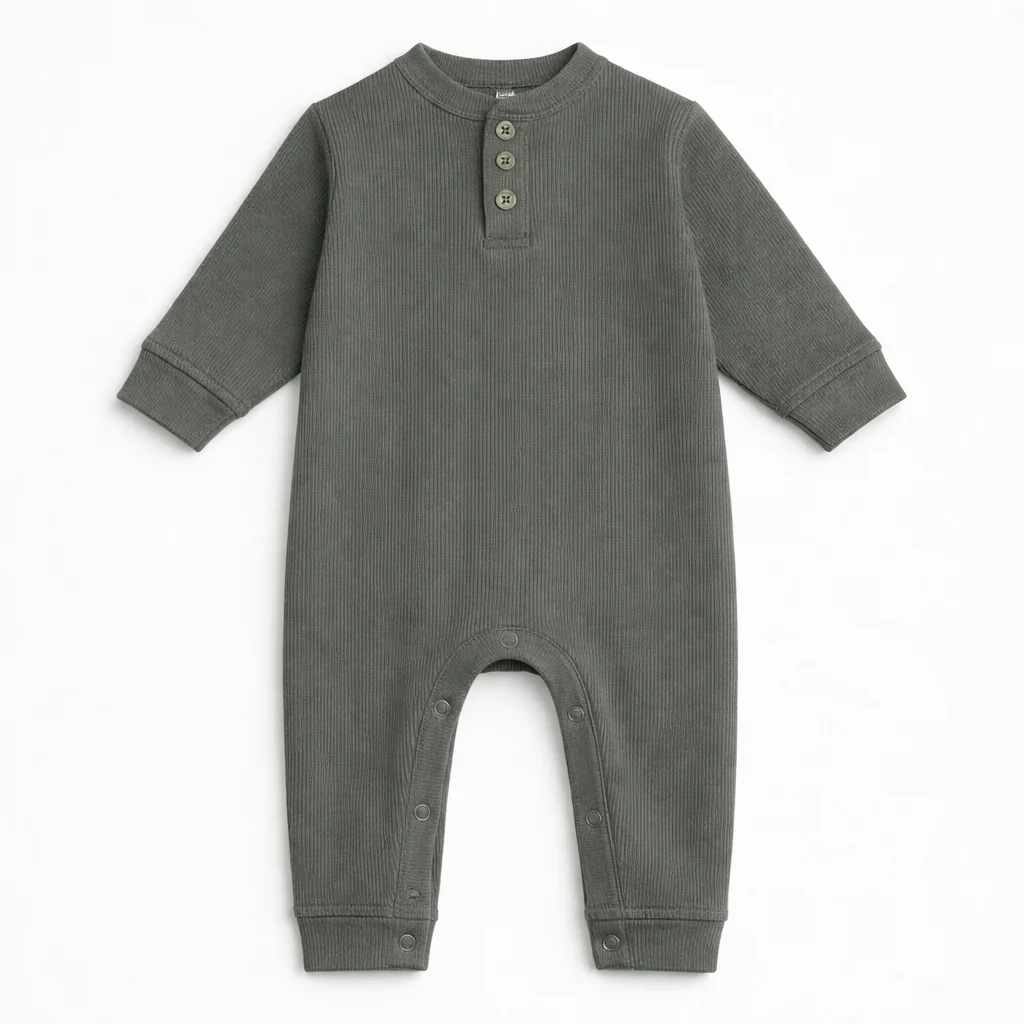 Baby Ribbed Long-Sleeve Button Up Jumpsuit Dark Green - Oolaa