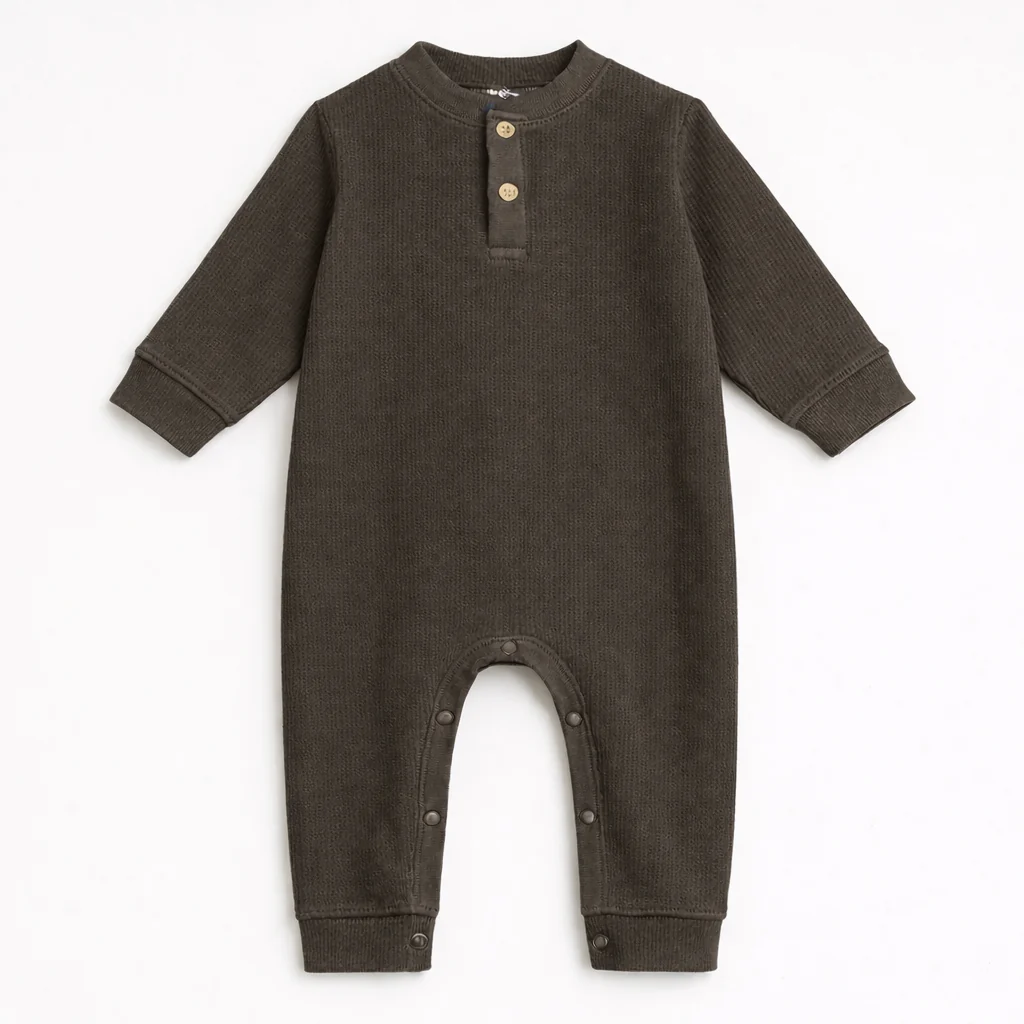 Baby Ribbed Long-Sleeve Button Up Jumpsuit Dark Grey - Oolaa