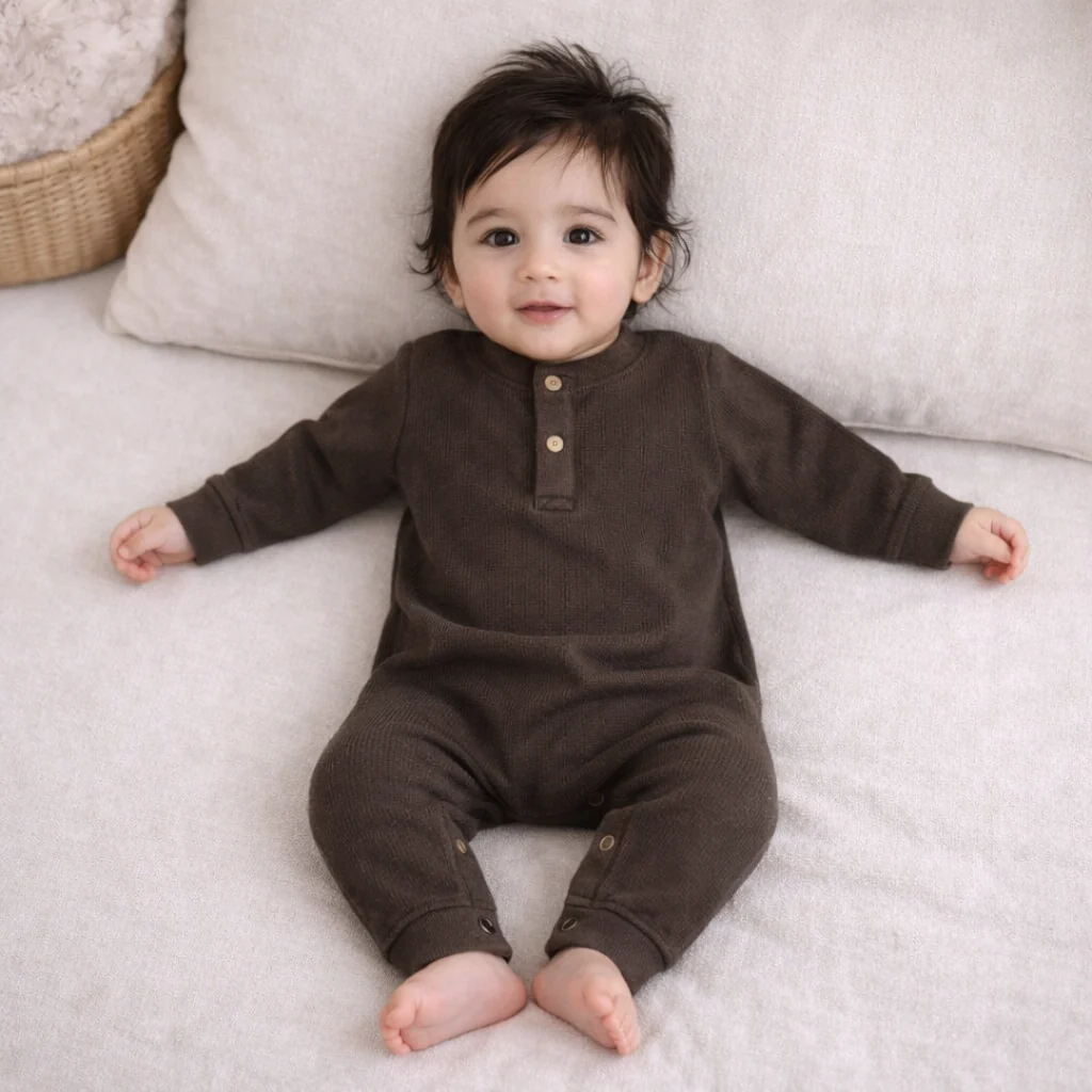 Baby Ribbed Long-Sleeve Button Up Jumpsuit Dark Grey - Oolaa - Image 2