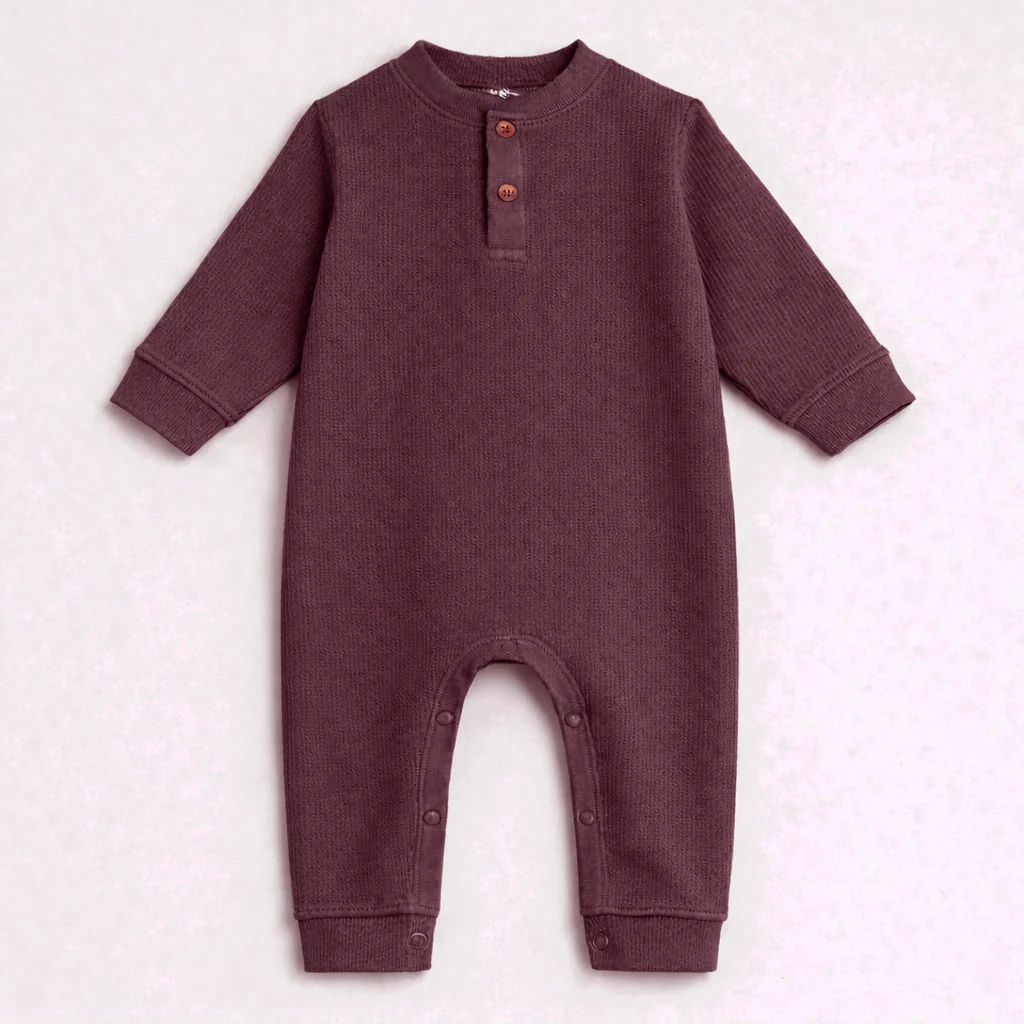 Baby Ribbed Long-Sleeve Button Up Jumpsuit Dark Purple - Oolaa