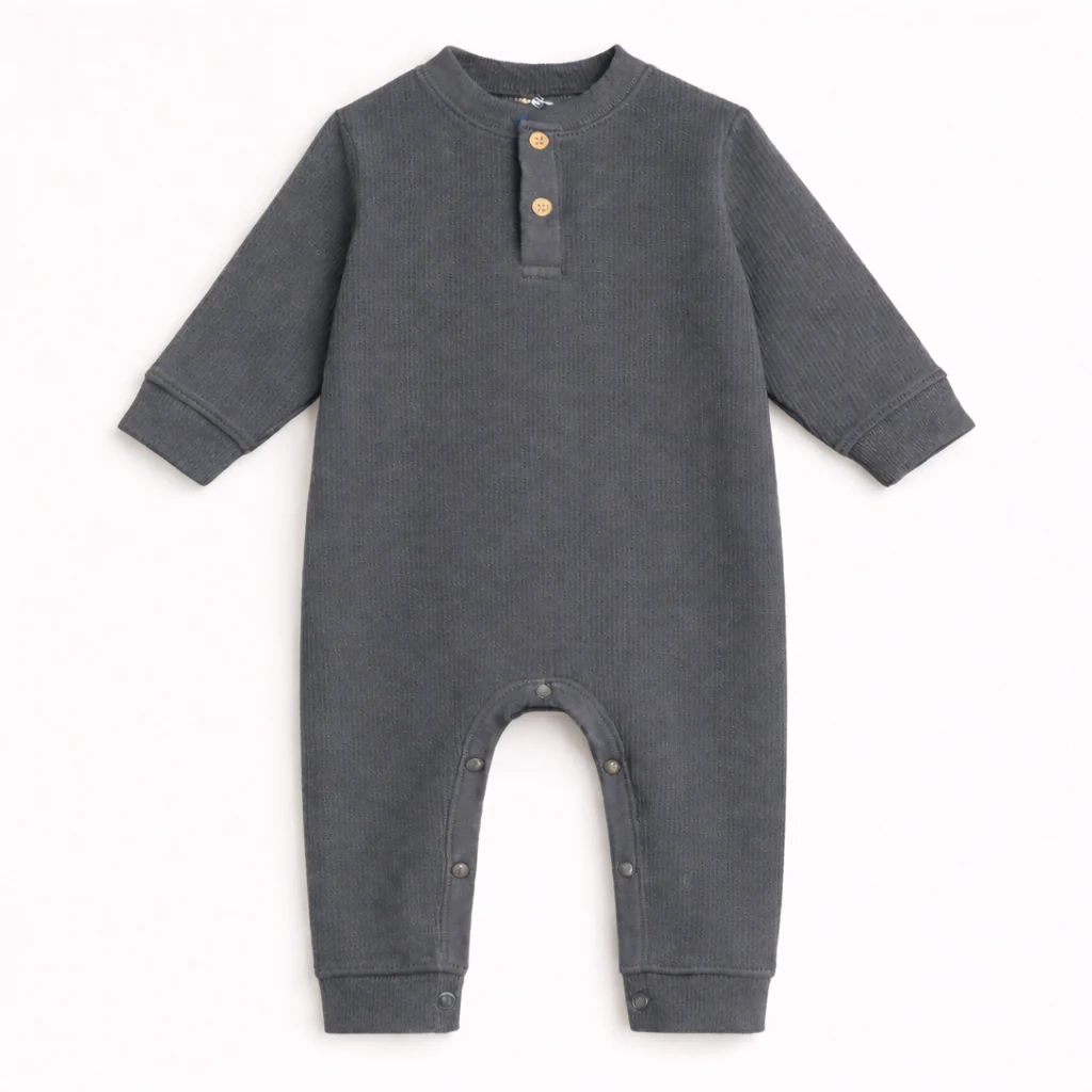 Baby Ribbed Long-Sleeve Button Up Jumpsuit Oxford Blue - Oolaa