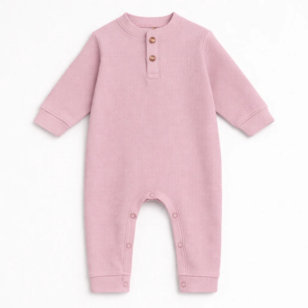 Baby Ribbed Long-Sleeve Button Up Jumpsuit Peach - Oolaa