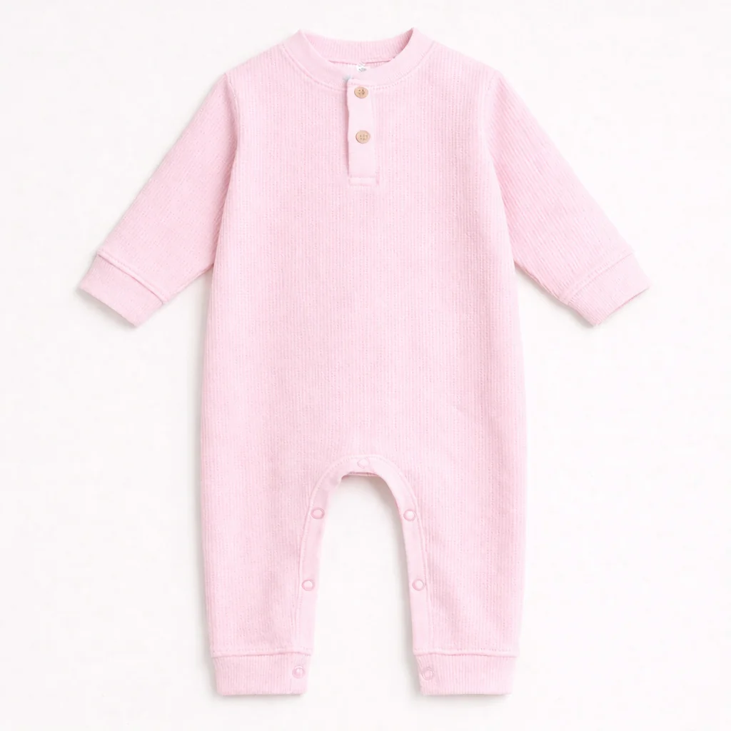 Baby Ribbed Long-Sleeve Button Up Jumpsuit Pink - Oolaa