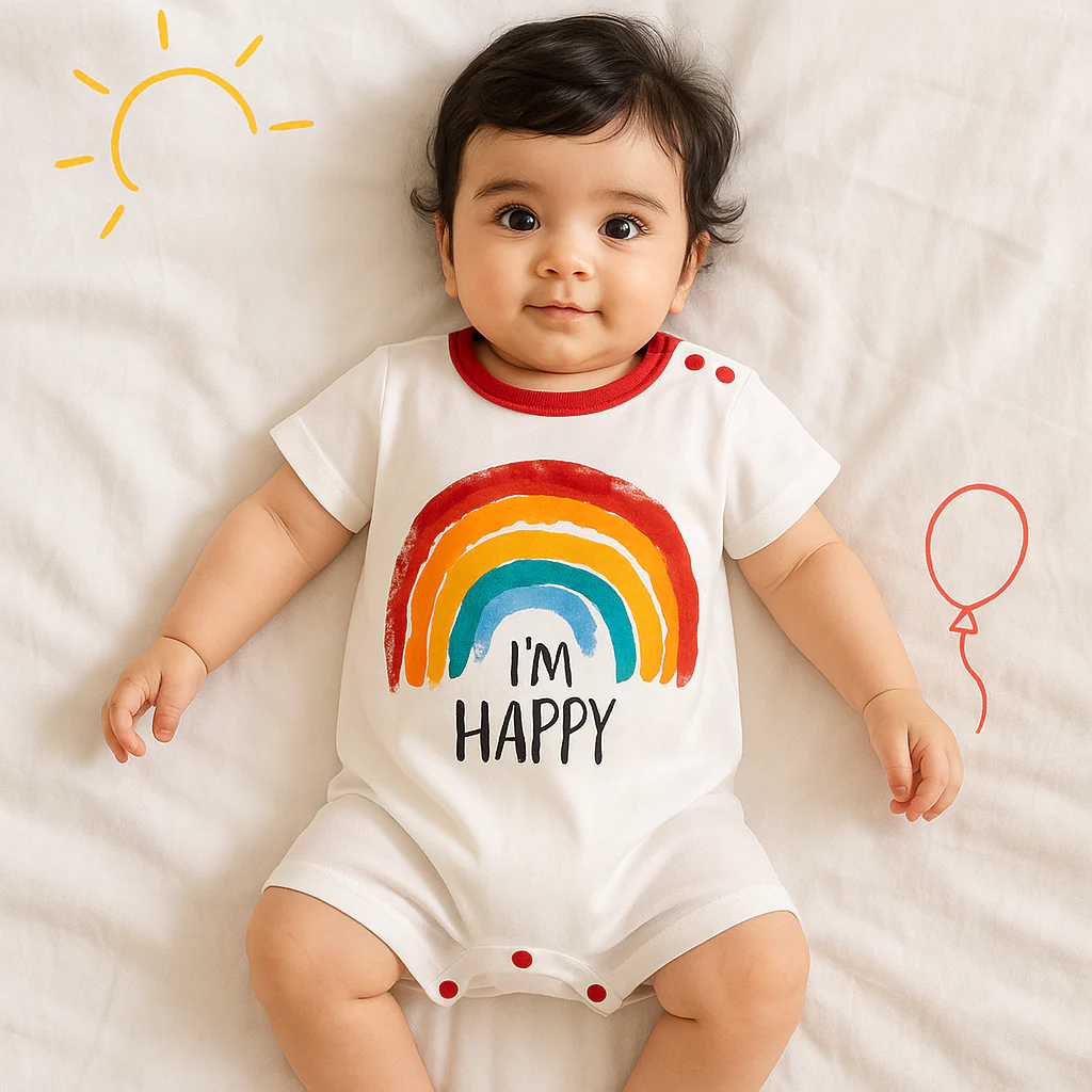 Baby Short-Body Printed Cotton Romper I Am Happy White WC - Mini Charm - Image 4