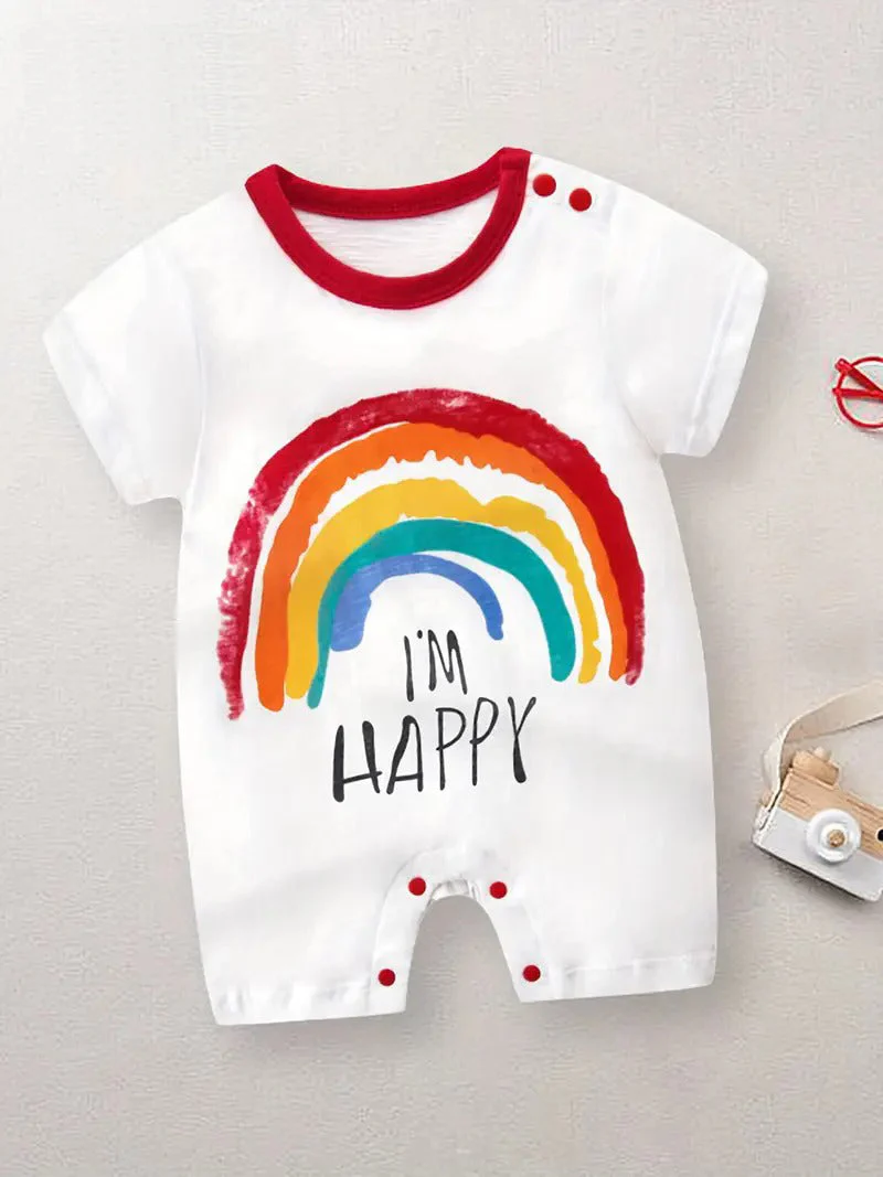Baby Short-Body Printed Cotton Romper I Am Happy White WC - Mini Charm - Image 5