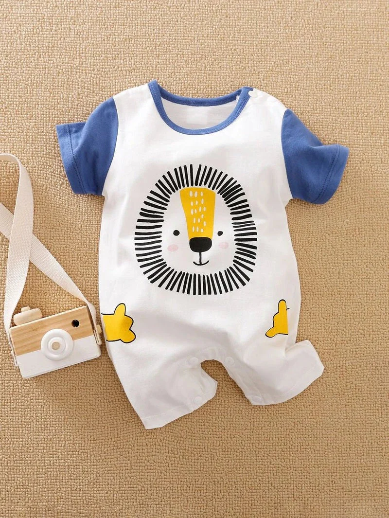 Baby Short-Body Printed Cotton Romper Lion White WC - Mini Charm