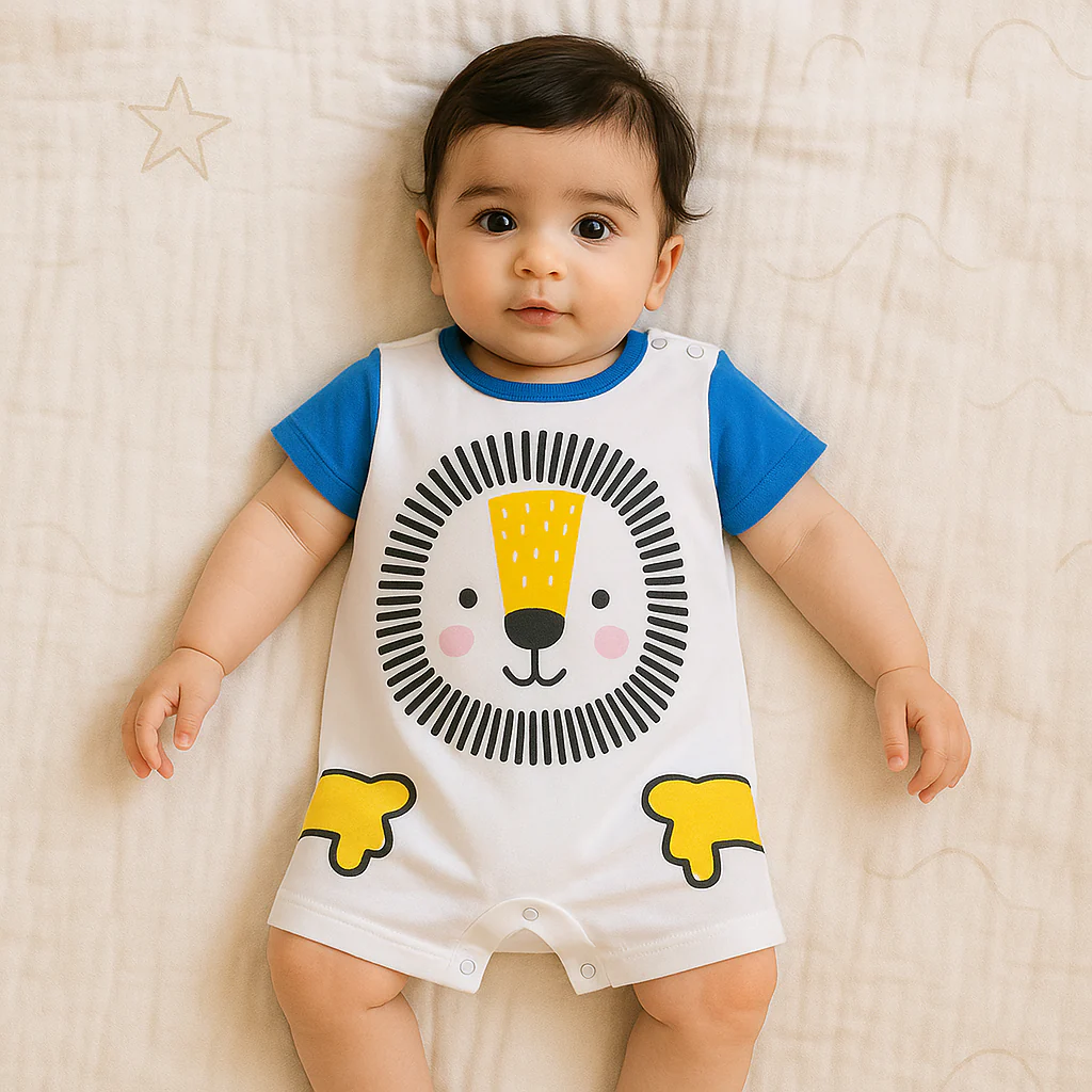 Baby Short-Body Printed Cotton Romper Lion White WC - Mini Charm - Image 2