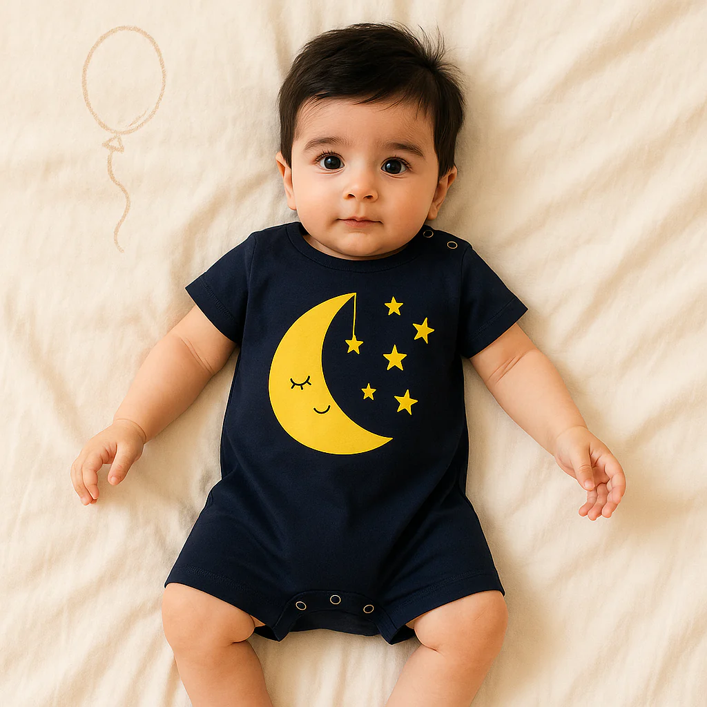 Baby Short-Body Printed Cotton Romper Moon & Stars Black WC - Mini Charm - Image 2