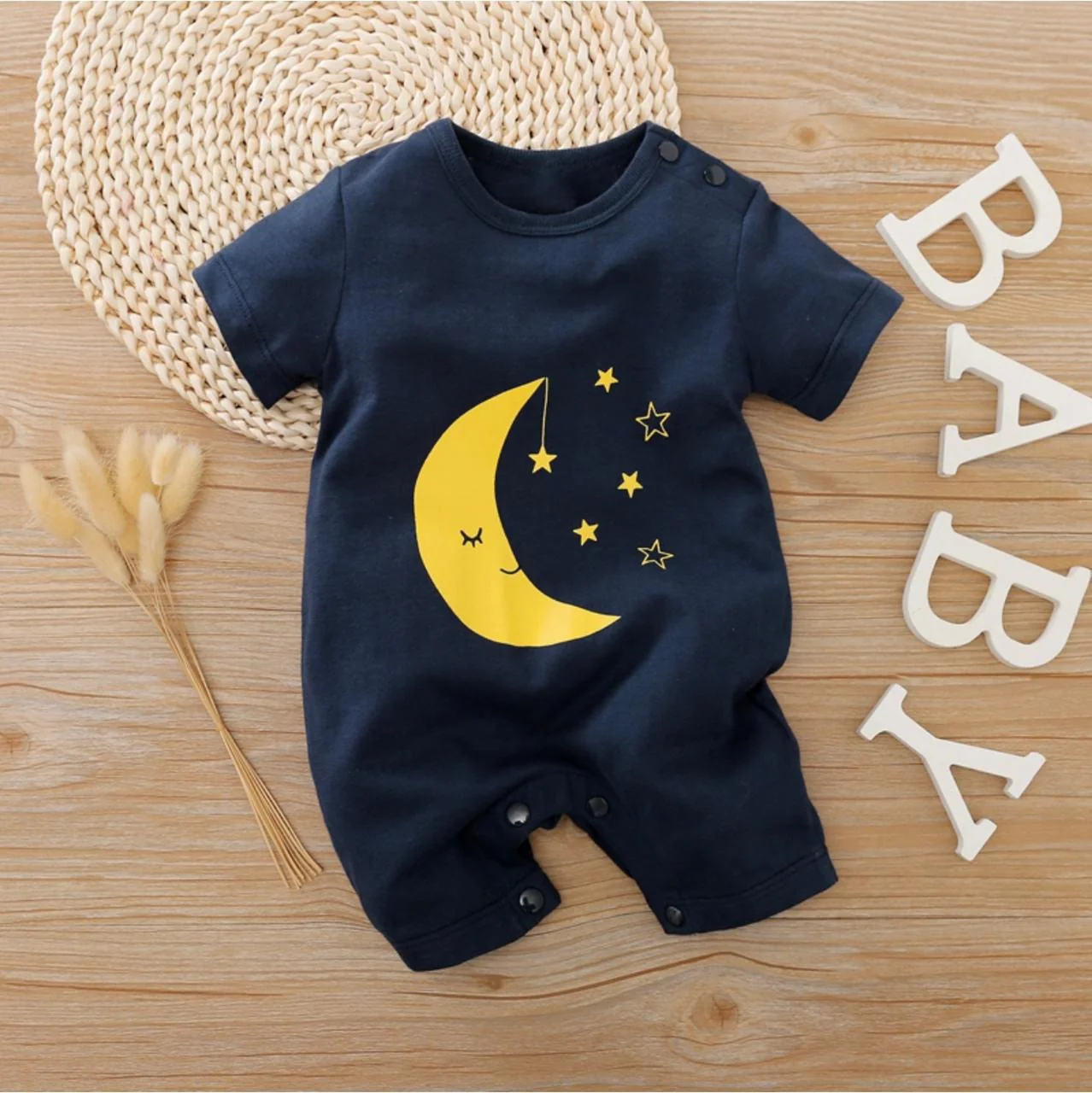 Baby Short-Body Printed Cotton Romper Moon & Stars Black WC - Mini Charm - Image 3