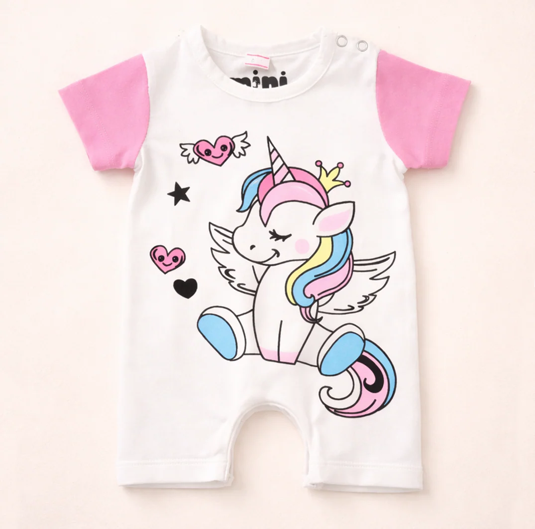 Baby Short-Body Printed Cotton Romper Unicorn White - Mini Charm