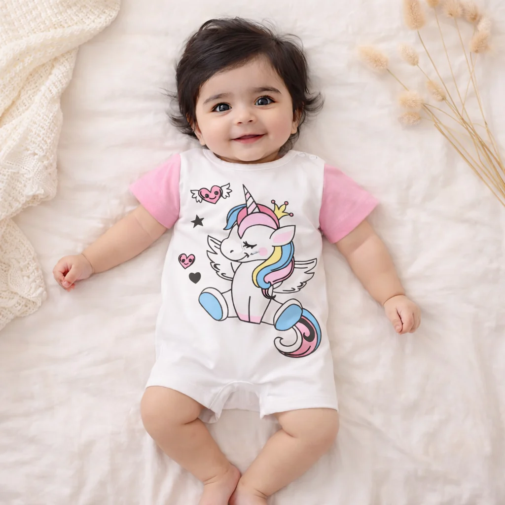 Baby Short-Body Printed Cotton Romper Unicorn White - Mini Charm - Image 2